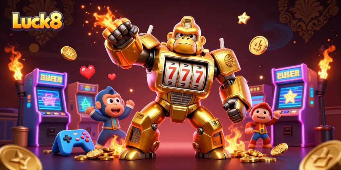 Experience the action at Luck8 with our 3D gaming adventure featuring a golden gorilla mech and vibrant casino elements.