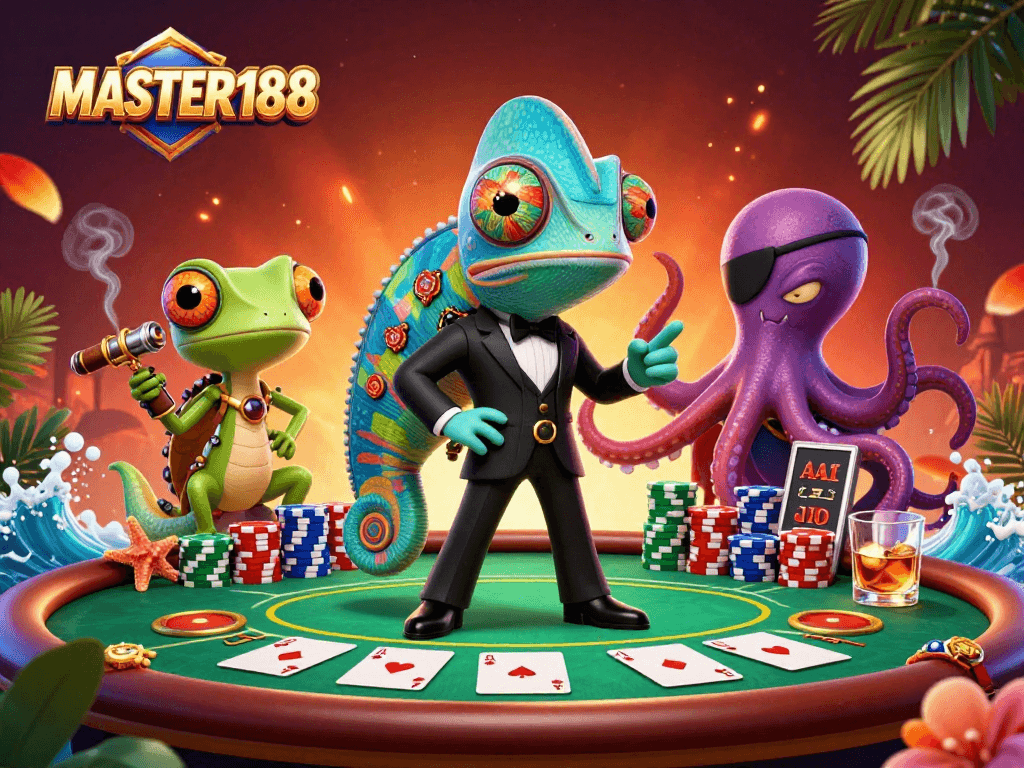 Enjoy exciting poker action featuring MASTER188 with a vibrant casino scene and playful characters.