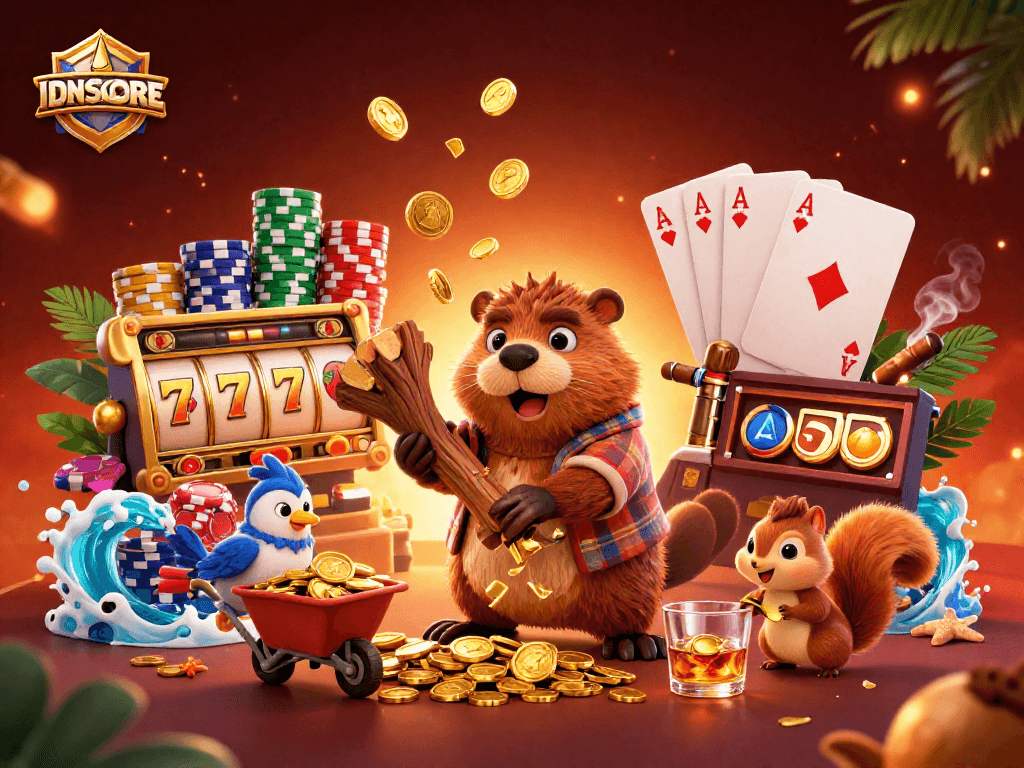 Experience the thrill with IDNSCORE as characters celebrate big wins amidst golden coins and vibrant slot elements.