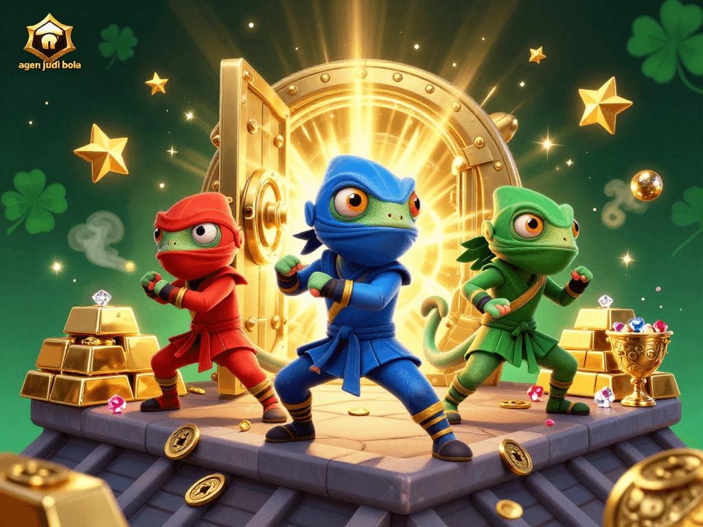 Engage with agen judi bola in this vibrant scene showcasing ninja chameleons amidst riches of gold and gems.