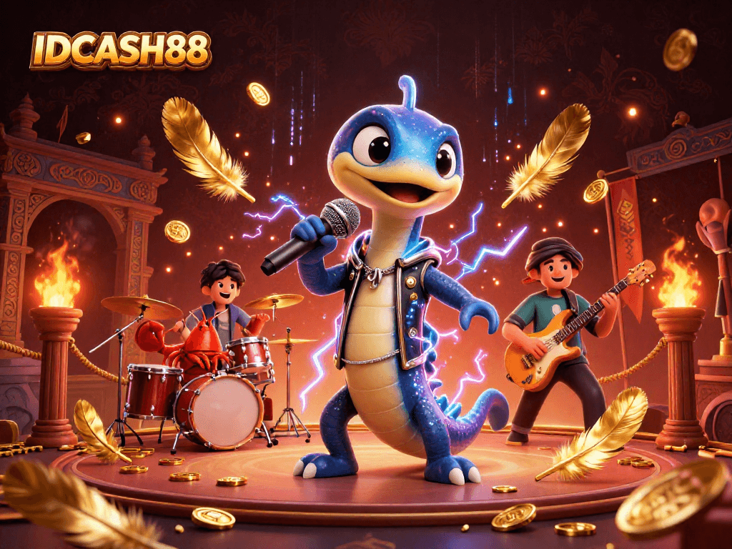 IDCASH88 showcases an underwater electric eel DJ at a vibrant casino stage.