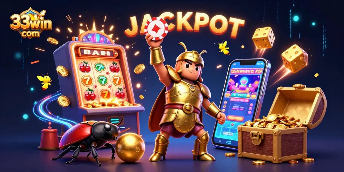 Engage in thrilling gameplay at 33win com, highlighting a victorious beetle celebrating with jackpot symbols.