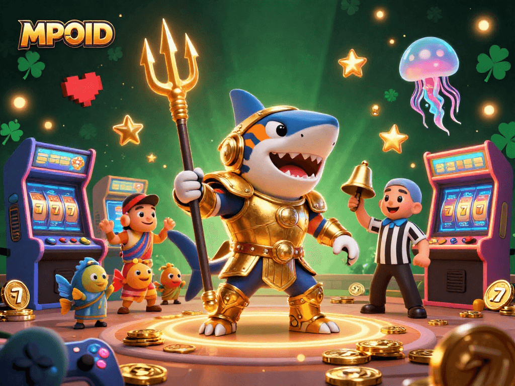 MPOID showcases a dynamic slot online scene featuring a fierce tiger shark and arcade elements amidst an underwater colosseum.