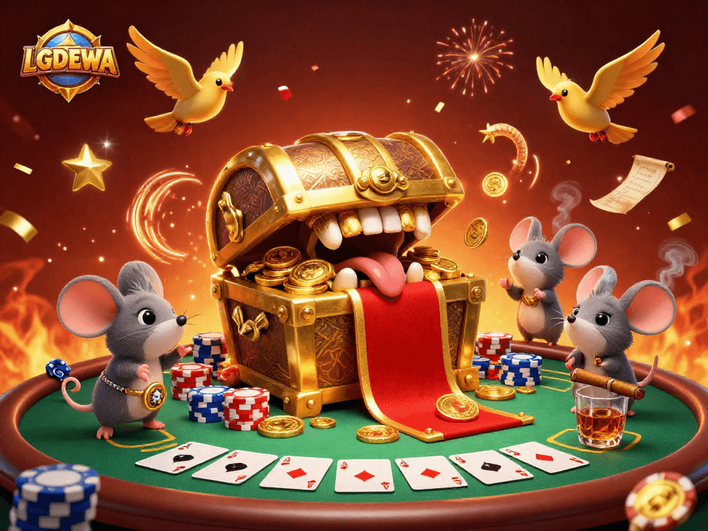 Play exciting games at LGODEWA with treasure chests, poker chips, and golden rewards.