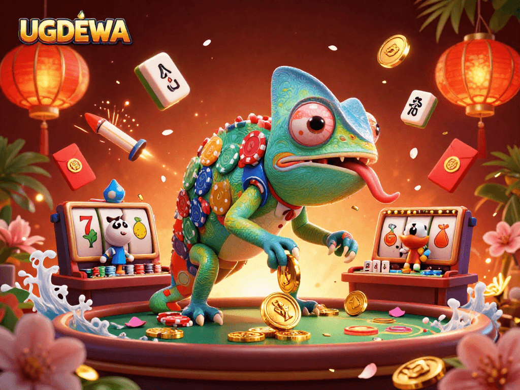 Experience thrilling gameplay with UGDEWA as the vibrant chameleon casino owner interacts among lucky elements.
