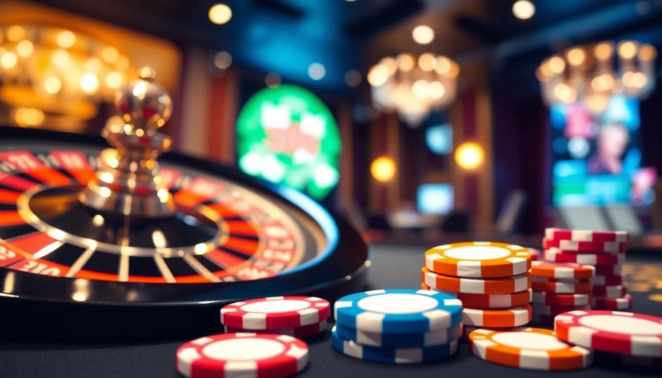 Gta togel dengan warna cerah pada chip poker dan roda roulette di kasino.
