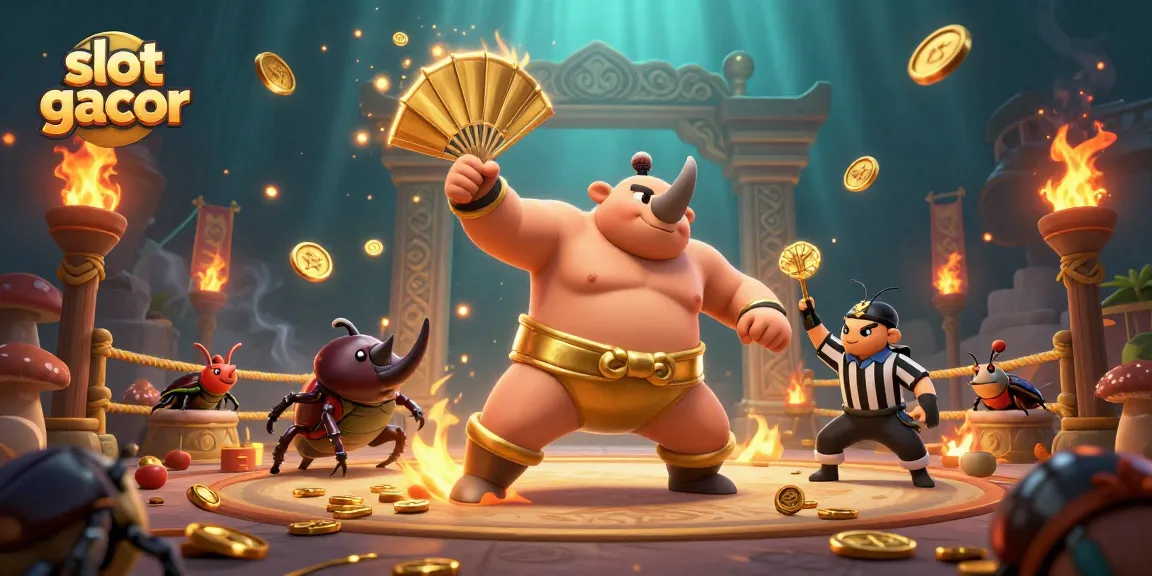 Menyaksikan slot gacor dengan juara sumo daripada kumbang badak, membawa koin emas terbang bersama penonton.