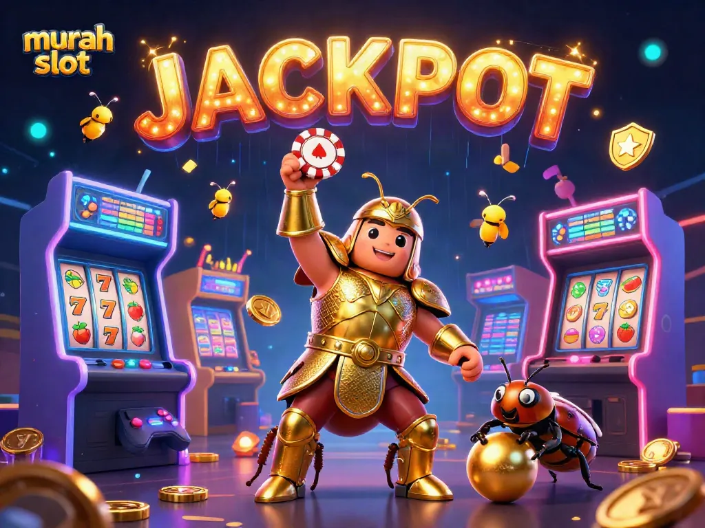 Gerebek jackpot murah slot dengan karakter 3D menarik menggenggam chip poker.