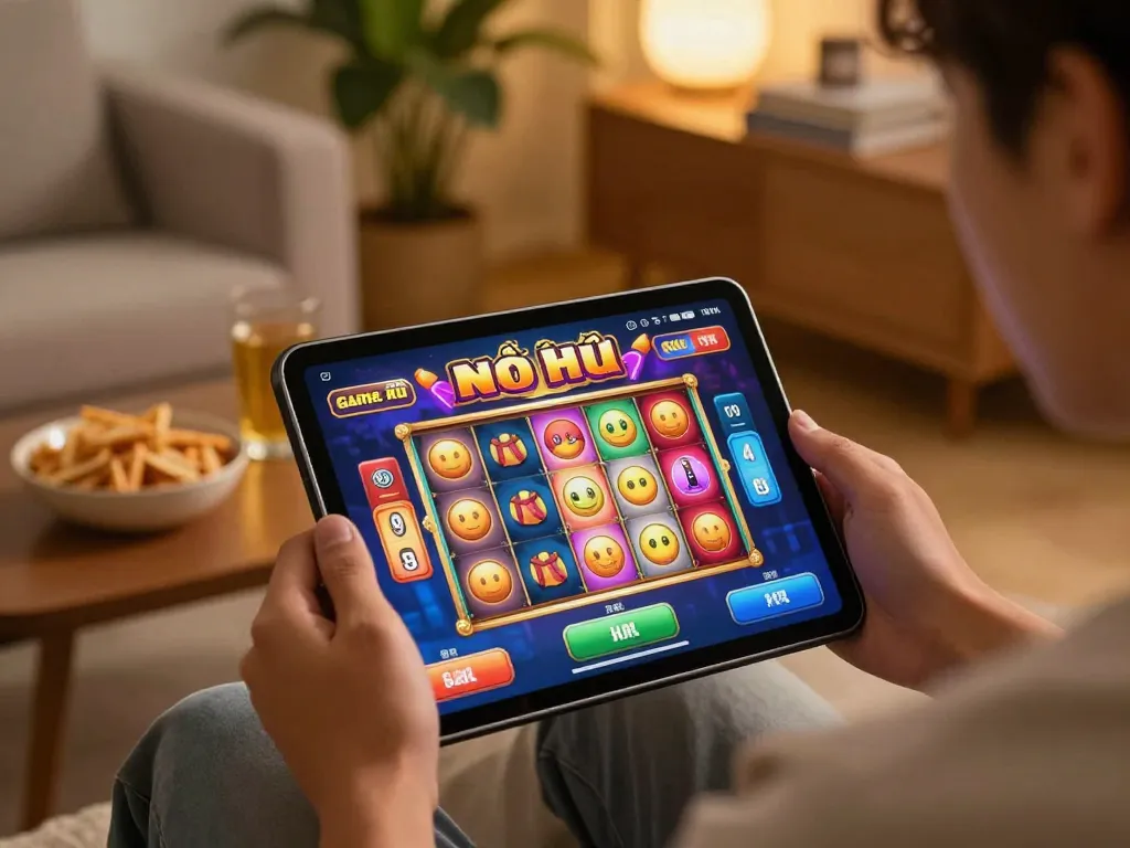 Engaging gameplay of game nổ hũ on a tablet in a cozy living room.