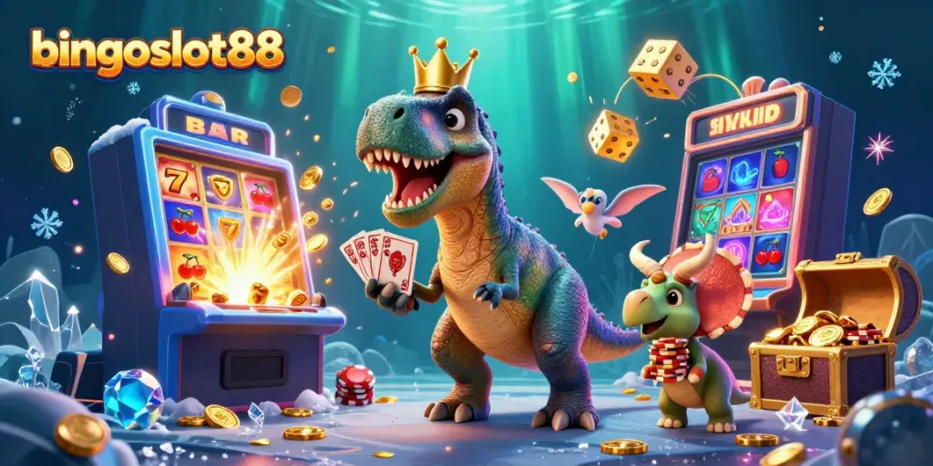 BINGOSLOT88 mempresentasikan slot mesin dengan karakter dinosaurus bermain kartu dan menumpuk chip emas