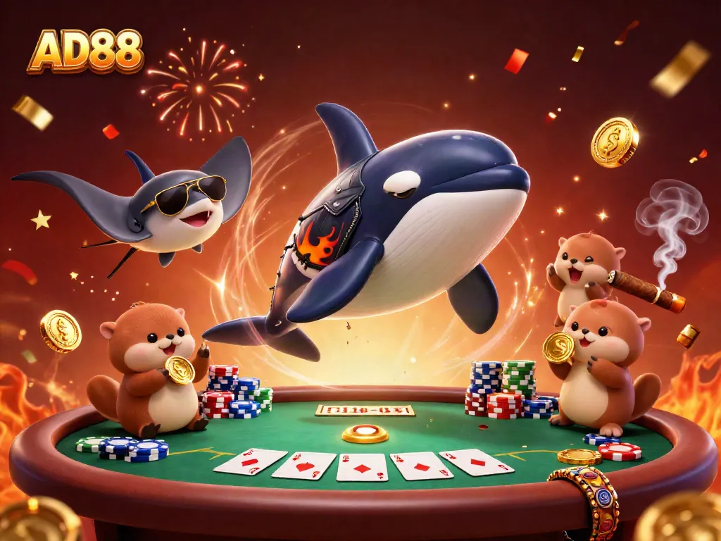 Experience the thrill of winning at AD88 with this vibrant 3D cartoon scene of sea creatures enjoying poker and celebrations.