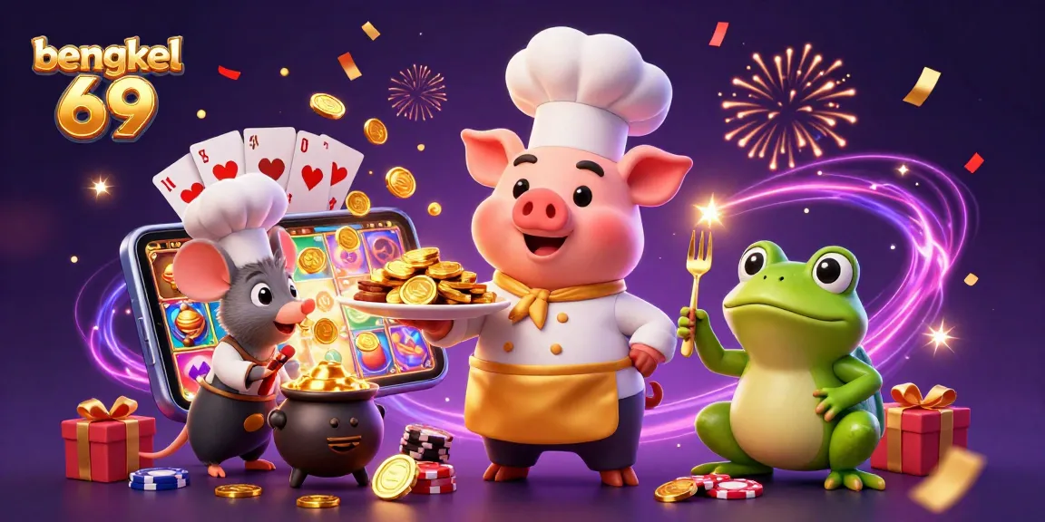 Bengkel 69 showcases a 3D cartoon scene of pig chef, mouse sous-chef, and frog critic amidst dynamic casino elements.