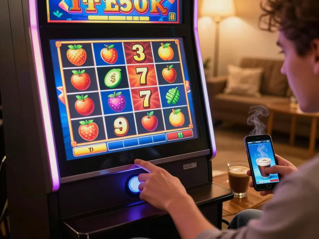 Player spinning the reels of an OKESLOT online slot machine from the comfort of home, showcasing a thrilling gaming experience.