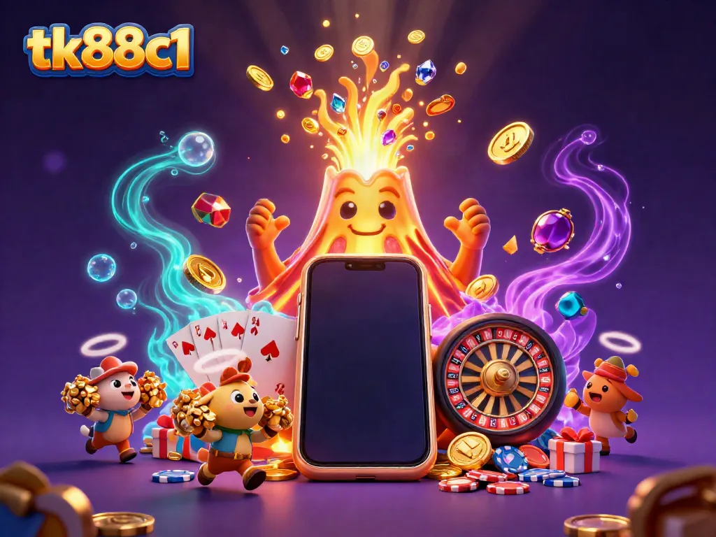 Experience victory at tk88c1 with a golden volcano erupting treasure and thrilling game elements.
