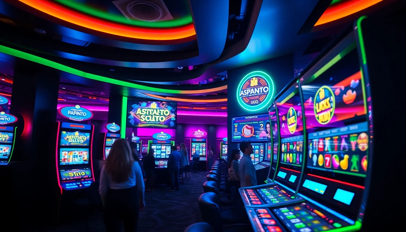 Dynamic gaming interface featuring asupantoto's online slot options in a vibrant lounge setting.