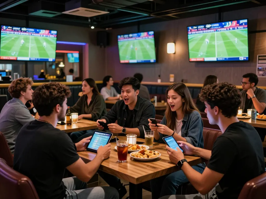 Excited fans engaging in sports betting while watching matches live on Cakhia TV, showcasing a vibrant atmosphere.