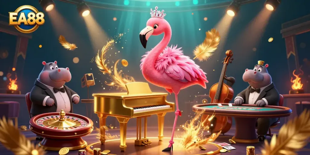 Experience the excitement at EA88 casino with vivid illustrations of games, performers, and vibrant decor.