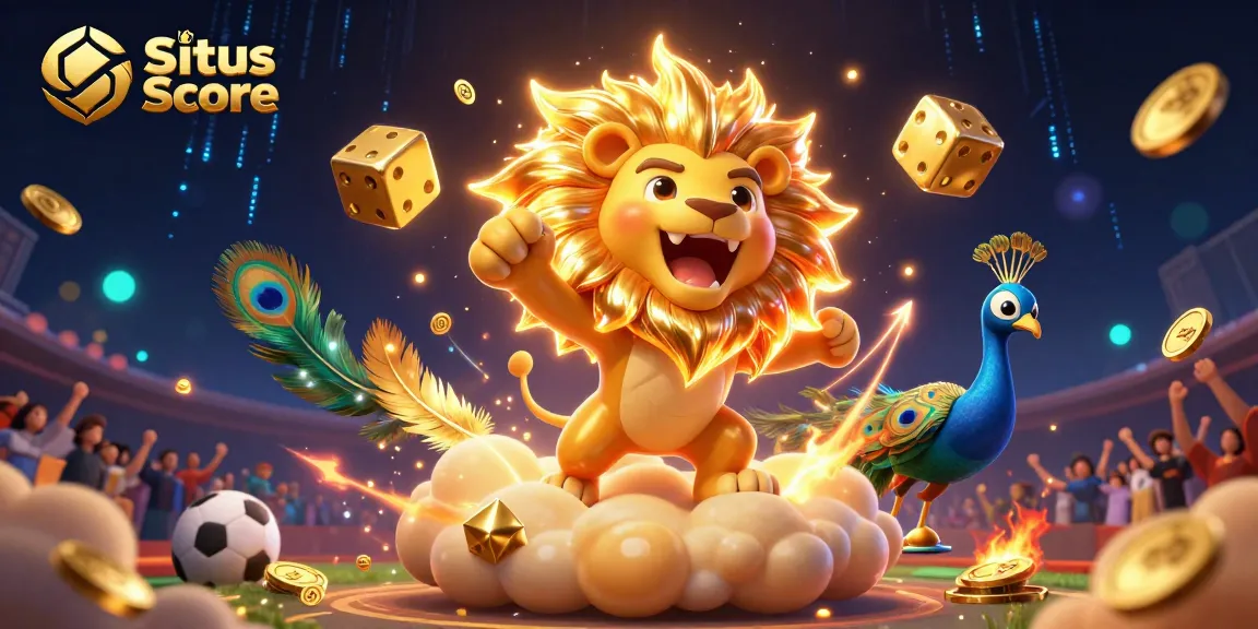 Situs Live Score showcases a dynamic scene with a roaring lion, golden dice, and vibrant sports elements, celebrating betting excitement.