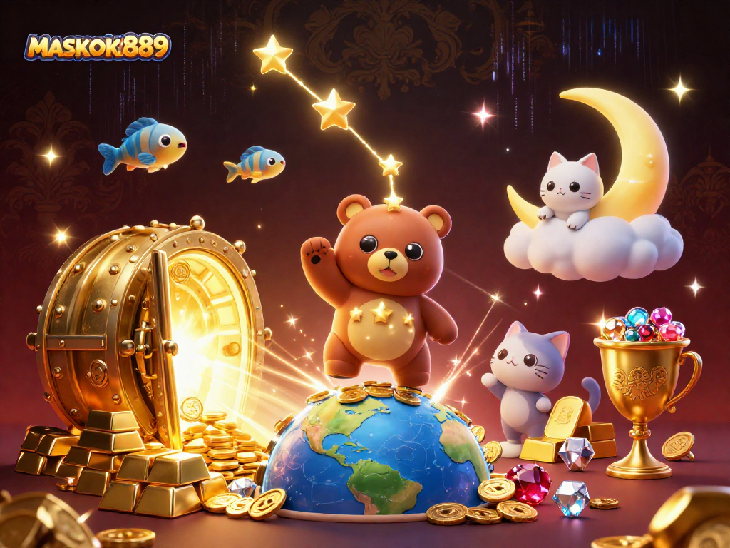 Experience exciting wins with MASKOKI889's vibrant 3D casino bear illustration.