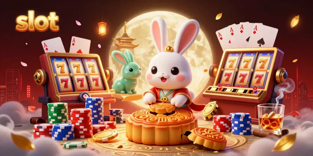 Enjoy thrilling slot games with a 3D rabbit character revealing hidden treasures in a vibrant, casino-themed illustration.