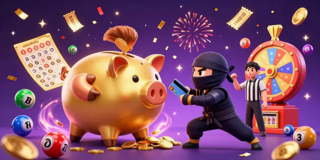 Semuttoto menampilkan pertarungan antara bank piggy raksasa dan ninja dompet dalam suasana penuh kebahagiaan.