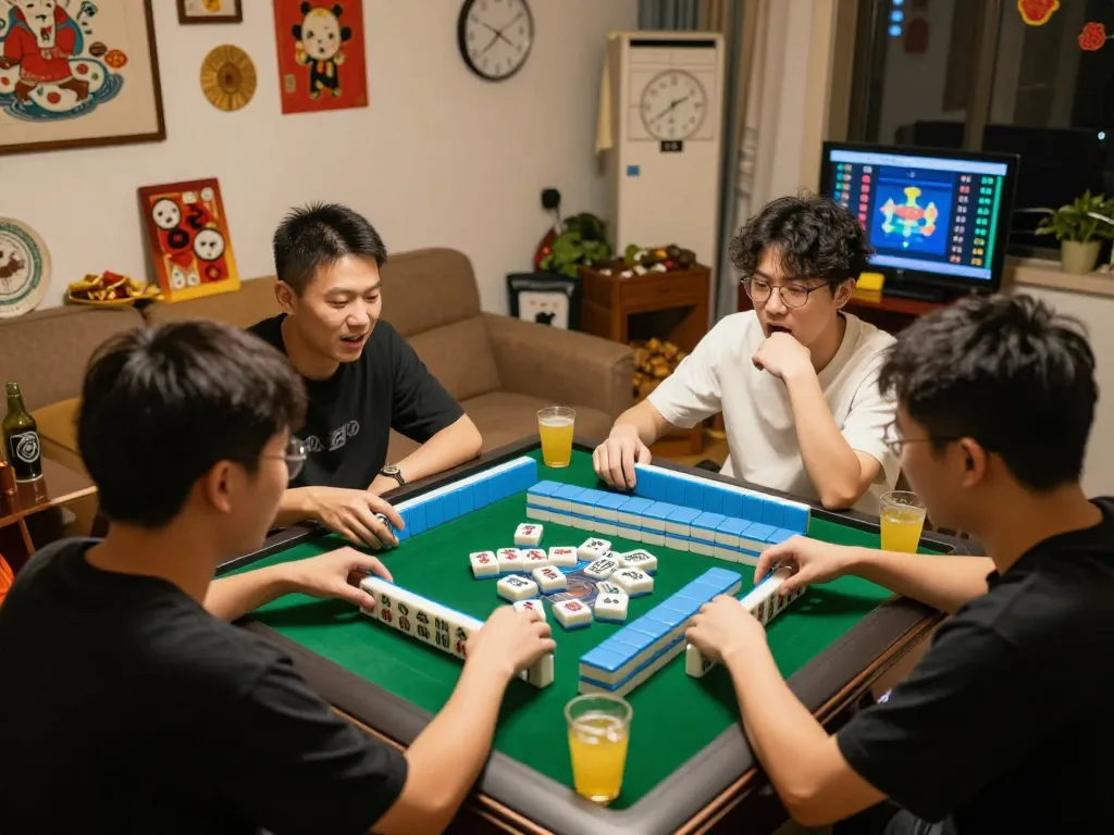 Pola andalan mahjong ways yang menggambarkan suasana malam permainan yang mengasyikkan dengan teman-teman, ubin yang berwarna-warni, dan suasana yang nyaman.