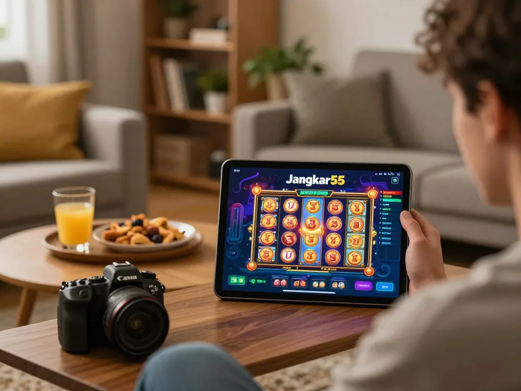 Engaging gameplay on jangkar55 app with exciting slot visuals in a cozy home setting