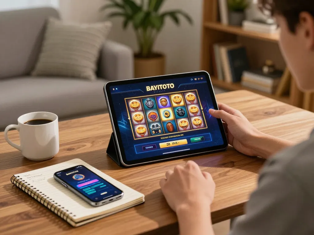 Player engaging with BAYITOTO's online slots while managing strategy notes, set in a cozy home environment.