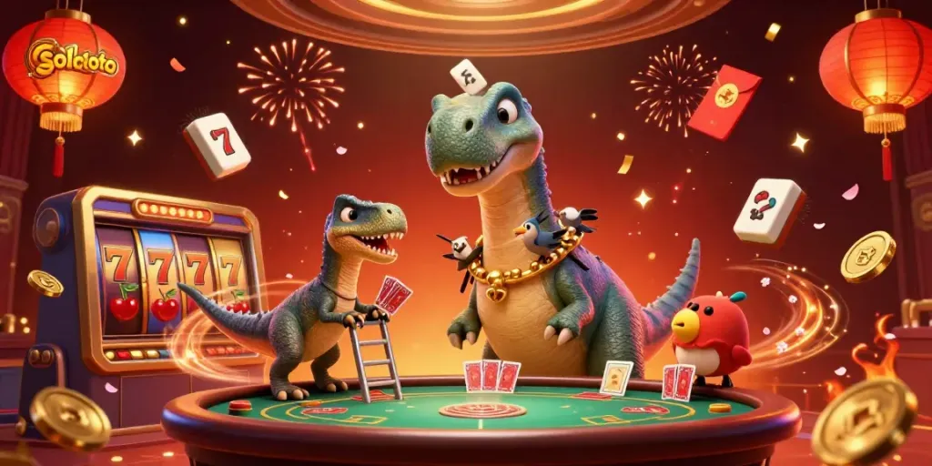 Menghadirkan solototo, karakter kartun brontosaurus yang megah dalam suasana kasino, dikelilingi elemen permainan.