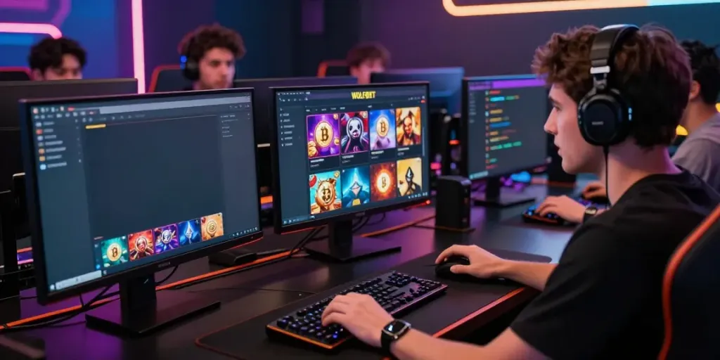 Engaging scene of a player at their gaming desk, exploring the Wolfbet Bonus Page with vibrant casino games and cryptocurrency elements.