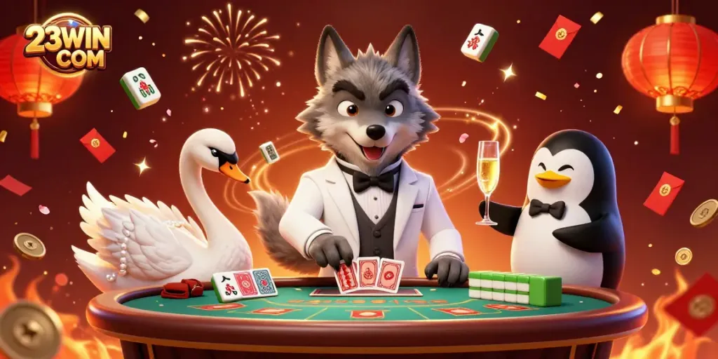 Experience thrilling baccarat at 23WIN COM with a stylish wolf, elegant swan, and refined penguin.