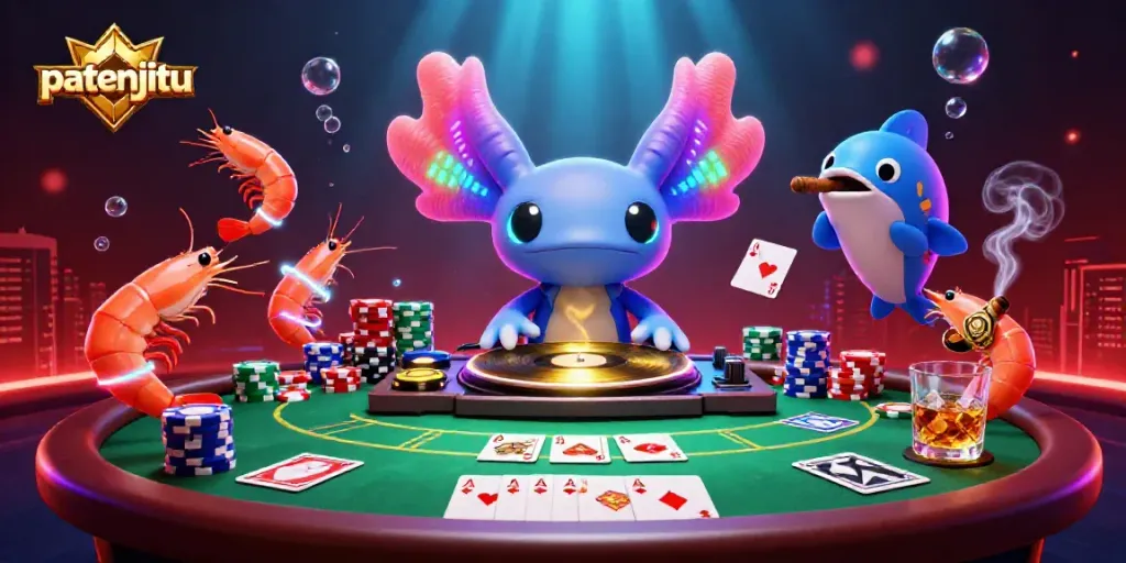 Gambar patenjitu dengan axolotl DJ dan udang menari di turntables bawah laut.