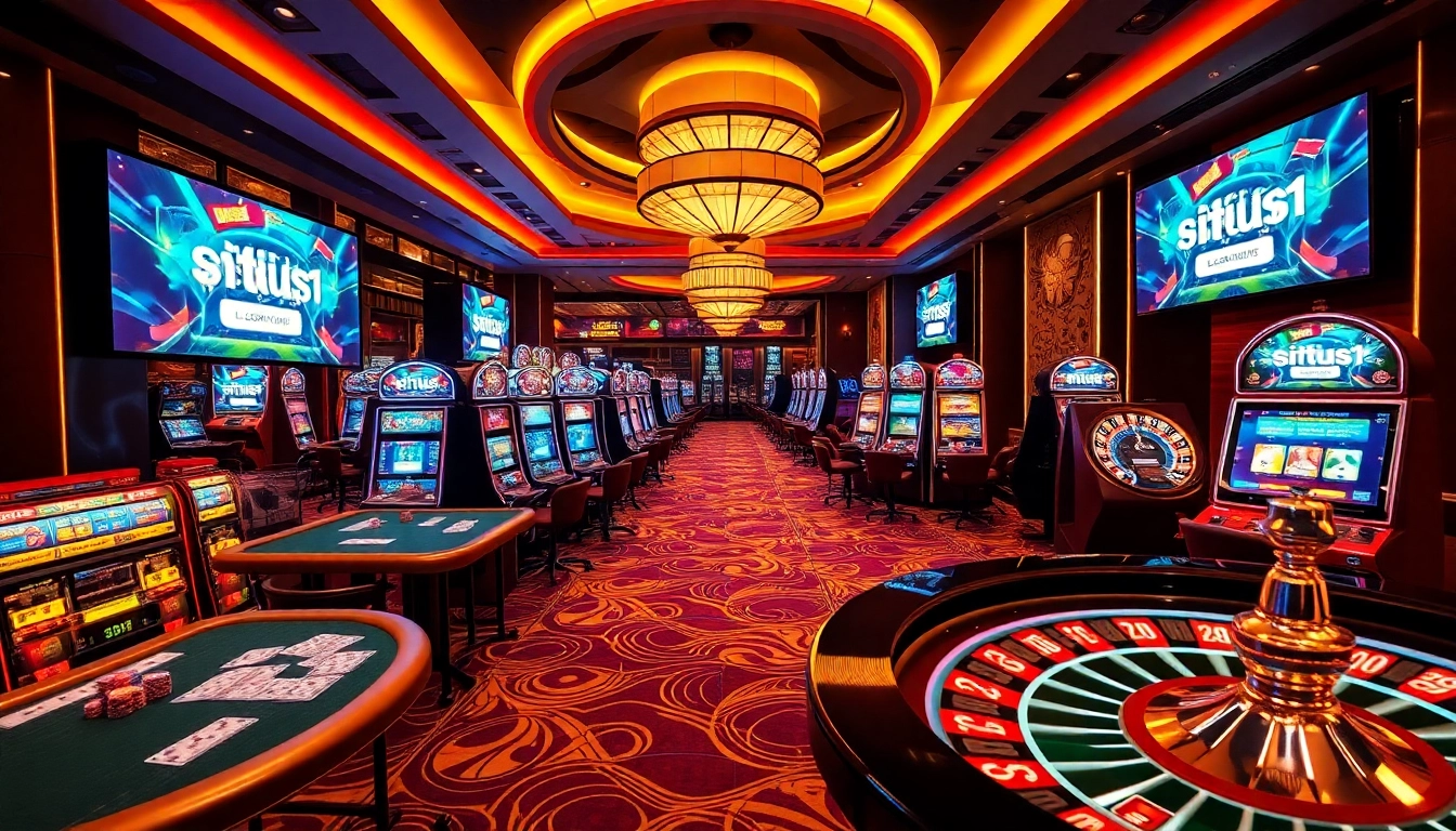 Experience the thrill of gambling at situs11 login with vibrant casino tables, slot machines, and a roulette wheel.
