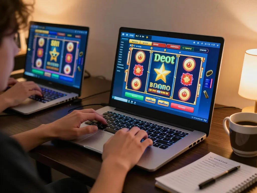 Engaging Slot Demo session displayed on a laptop in a warm home gaming setup.