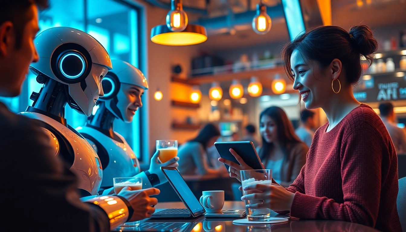 Interactive scene at a futuristic café showcasing crush ai technology for companionship.