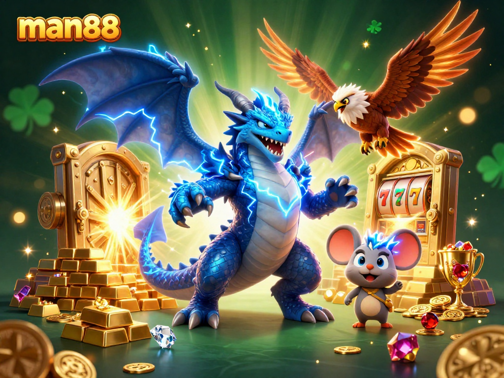 Win big at man88 with vibrant 3D casino illustration featuring dynamic characters and jewels.
