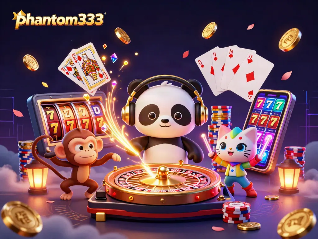 Engage with phantom333's vibrant casino experience featuring slot reels and gaming characters.