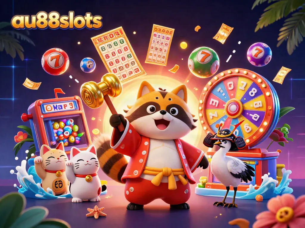 Experience exciting slot games with au88slots: a colorful 3D illustration featuring festive characters and casino elements.