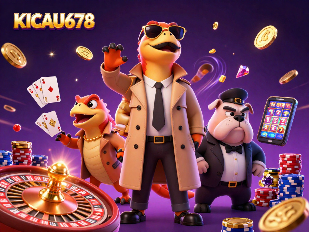 KICAU678 raptors in a trench coat comically attempting VIP casino entry, surrounded by sparkling coins and cards