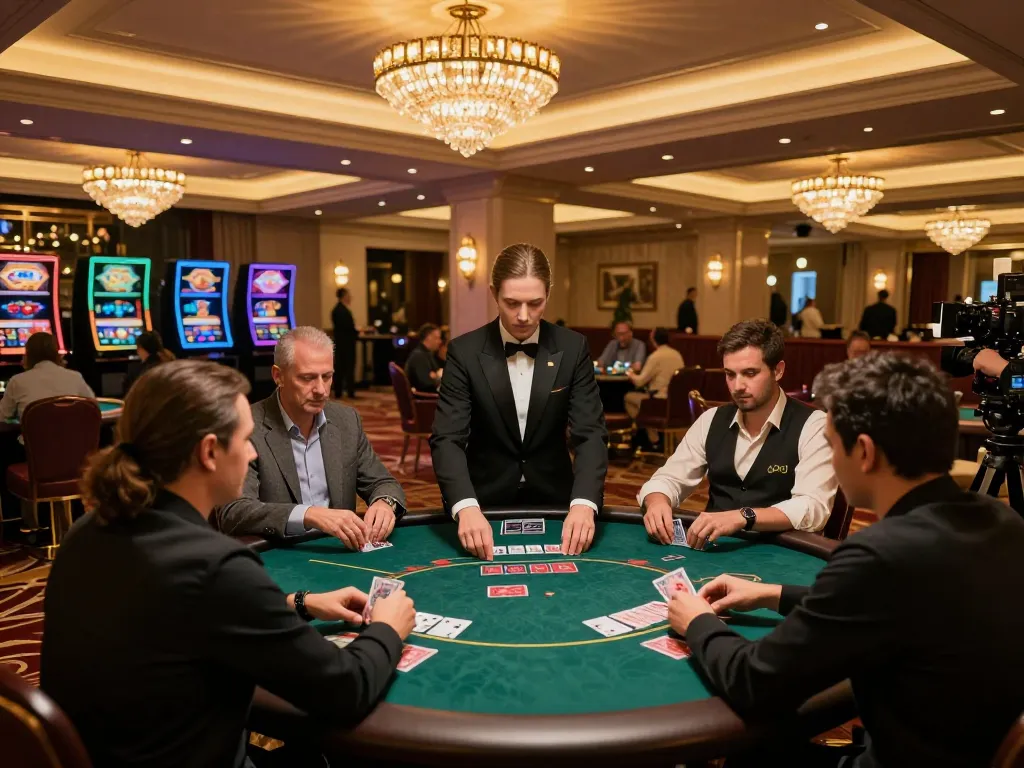 Players strategizing at a poker table in a casino with dynamic gameplay, showcasing the 122 strategic moments