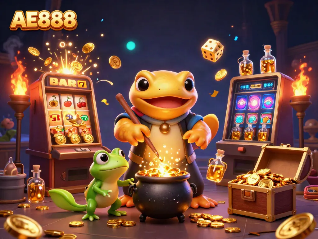 Exciting AE888 online casino scene with a golden salamander alchemist and dynamic game elements.