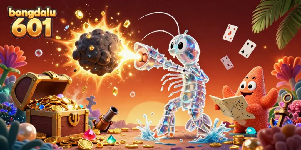 Experience bongdalu 601 in this vibrant 3D scene with a mantis shrimp character bursting through gems, capturing the essence of exciting gambling.