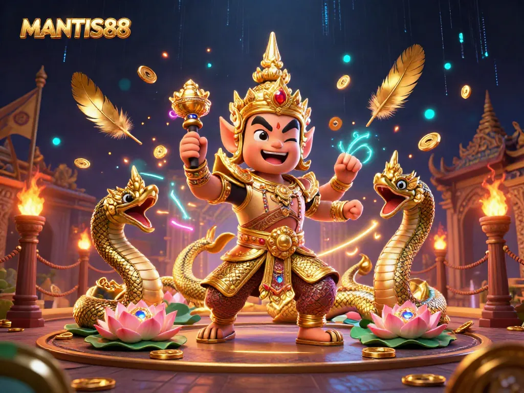 Engage in gaming excitement with MANTIS88 featuring a Thai guardian and Naga serpents in a dynamic scene.