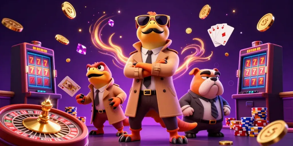 Hitclub charm shines through three raptors in disguise attempting VIP entry, surrounded by casino glam.