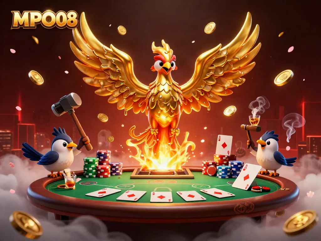 Experience MPO08's captivating golden phoenix amidst a vibrant poker scene, symbolizing thrilling gameplay.