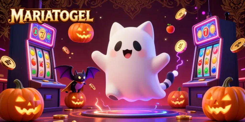 Experience thrilling gameplay vibes at MARIATOGEL with a ghost cat and vampire bat in a lively casino scene.