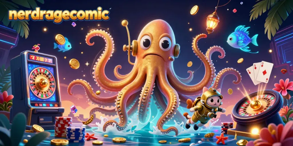 Ilustrasi nerdragecomic menampilkan kraken dan kucing penyelam dalam suasana kasino yang ceria.