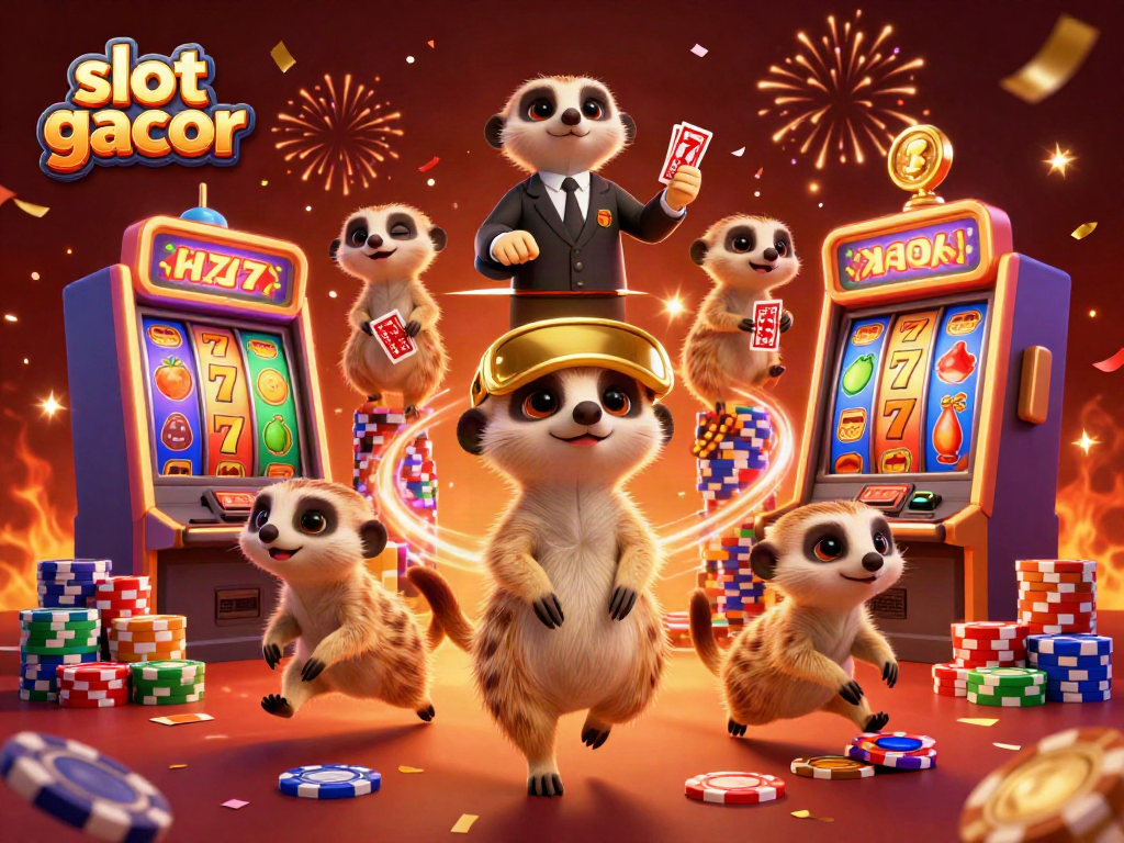 Slot gacor: Koloni meerkat mengoperasikan kasino dengan slot yang berkilau.