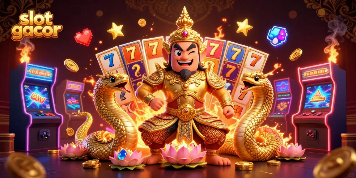 Engage with slot gacor featuring epic characters and vibrant gaming elements in a 3D casino illustration.
