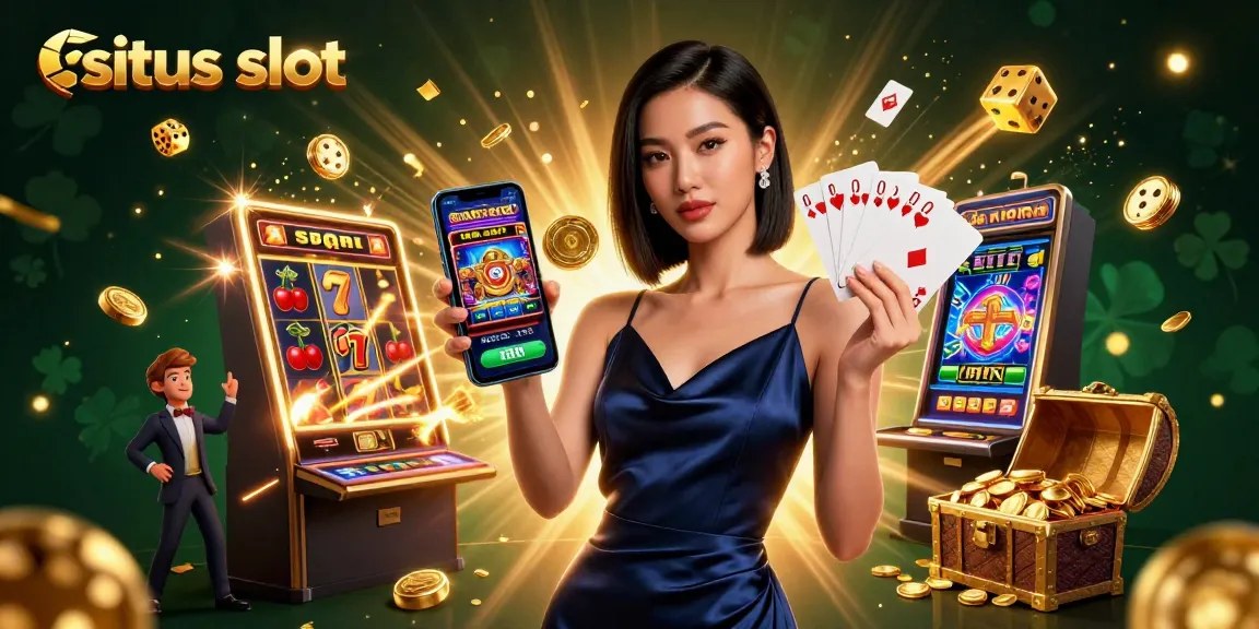 Situs slot featuring a confident woman holding a casino app and golden chip, surrounded by vibrant slot elements and jackpot symbols.